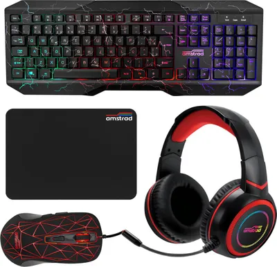 Image de Amstrad, Pro Gamer Hunters Pack de 5 : clavier, souris, tapis de souris, écouteurs et adaptateur, noir