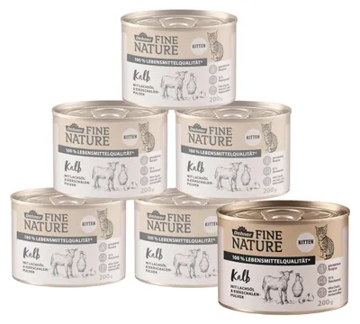 Produktbild von Dehner Fine Nature Katzenfutter Kitten, Nassfutter getreidefrei, für junge Katzen, Kalb, 6 x 200 g Dose (1.2 kg)