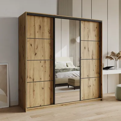 Produktbild von Masseno Schiebetürenschrank VARO 200/205/60 cm Kleiderschrank mit Schubladen Schlafzimmer Schrank 3-türig mit Spiegel Eiche Artisan + Schwarz