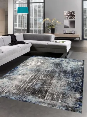 Produktbild von Teppich modern Wohnzimmerteppich Vintage blau grau schwarz Größe - 80x150 cm