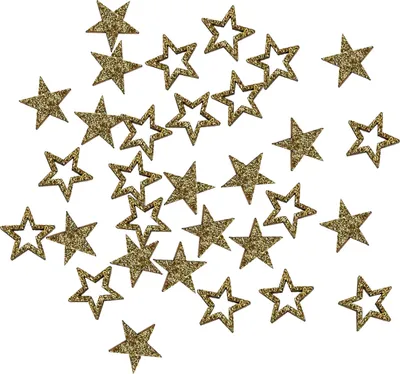 A collection of gold glitter star confetti scattered on a white background.