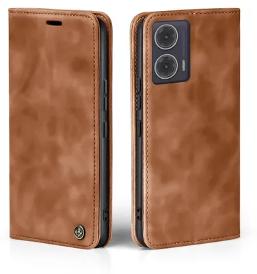 A brown leather flip case for a smartphone is shown from two angles.