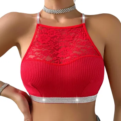 Produktbild von Damen-Westen-BH, durchsichtig, Spitze, Patchwork, Neckholder, Blumenstickerei, rückenfrei, lässig, sportlicher Stil, gestrickt, elastisch, bauchfrei, für Yoga, Fitnessstudio, Laufen