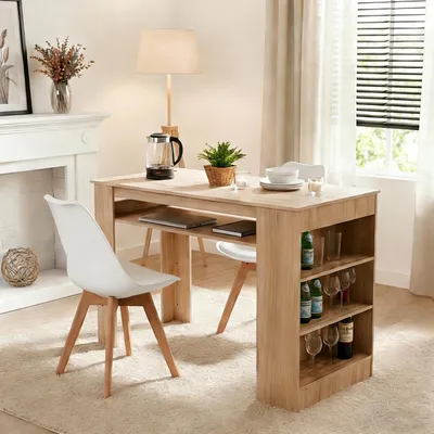 Produktbild von Esstisch mit 2 Stühlen Essgruppe 111cm mit USB-Anschlüssen und 4 Ablagen Eiche/Weiß