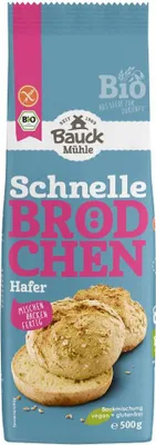 Produktbild von Bauck Mühle Schnelle Brötchen Hafer glutenfrei 500 g, Brot, 500 g, HAFERmehl* glutenfrei 40%, Maisstärke*, Reismehl*, Hirsevollkornmehl*, Quinoasauerteigpulver*..., 348 kcal, 1473 kJ, 2,5 g