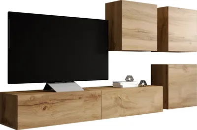 Produktbild von Furniture24 Wohnwand VIGO 23, Desing Mediawand, Modernes Anbauwand mit 3 Türen und 2 Klaptüren, Hängeschrank Tv Lowboard Wotan Eiche
