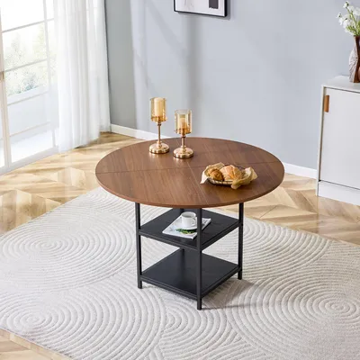 Zdjęcie produktu dla Okrągły stół jadalny o średnicy 107 cm w stylu orzecha – stół kuchenny z półką i metalową podstawą – nowoczesny design dla 2–4 osób
