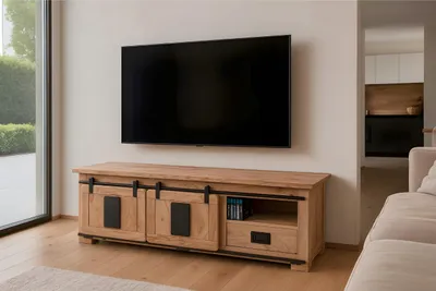 Produktbild von Lowboard Libro IV, Akazienholz massiv + naturfarben, TV-Board/Fernsehkommode mit 2 Holzschiebetüren, Schublade & 3 offenen Fächern, Türelemente & Reling aus Eisen, 160 x 45 x 50 cm