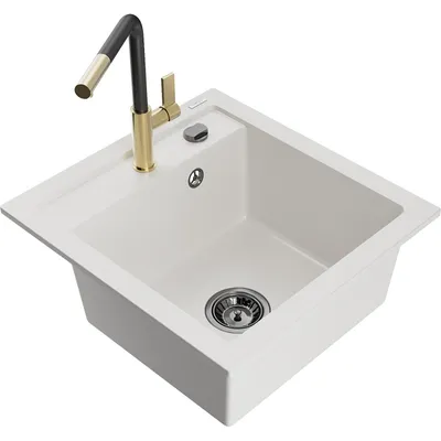 Obrázek produktu pro Mexen Vito 1-miskový granitový dřez s kuchyňskou baterií Flora, Bílá - 6503-20-670401-57-B