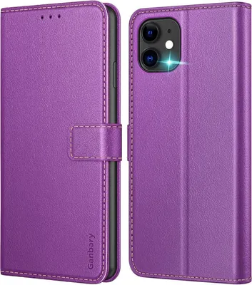 Produktbild von Ganbary iPhone 11 Hülle, Premium Leder Klapphülle mit Kartenschlitzen, Magnetverschluss und Standfunktion - Violett
