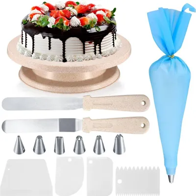 Produktbild von 15 tlg Backzubehör Torten Spritzbeutel mit Tortenplatte Drehbar Kuchen-Dekorations-Kits mit drehbarem Plattenspieler-Ständer Ideal für Anfänge