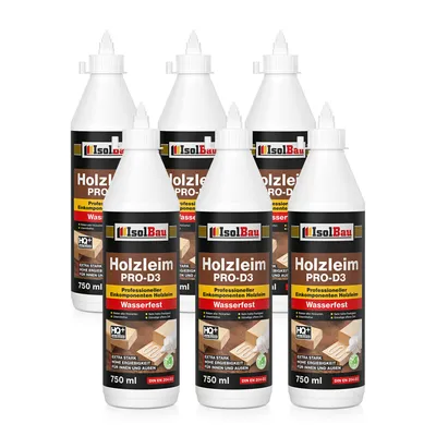 Produktbild von Isolbau Holzleim PRO-D3 - 6 x 750 ml (860 g) Extra starker Holzkleber für alle Holzarten, für Innen & Außen, Wasserfest, Lösemittelfrei