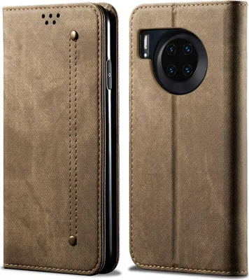 Produktbild von Huawei Mate 30 Hülle, LaimTop Denim Leder Brieftasche Magnetverschluss Flip Bookstyle Schutzhülle mit Standfunktion für Huawei Mate 30 Khaki