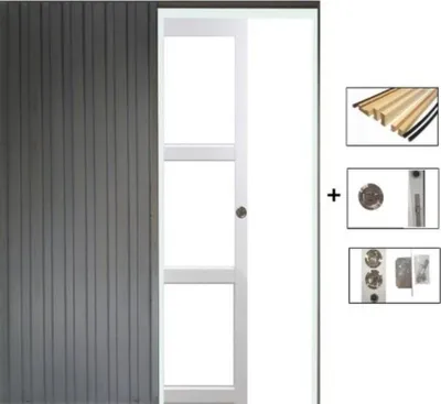 Image de Porte Coulissante Kenya Blanc Vitrage transparent H204 x L83 + Système a Galandage et kit finition inclus (serrure)