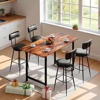 Produktbild von Barhocker 4er Set, Barstuhl, Hocker mit Rückenlehne, Küchenstuhl, Bistrohocker mit Rückenlehne und Fußstütze, Gepolsterte Esszimmerstuhl für Küche, Hausbar, Esszimmer, PU, Schwarz