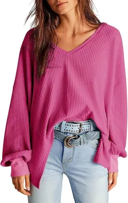 Produktbild von Damen-Tunika Oversize Waffelstruktur V-Ausschnitt Langarm Locker Rosa 2XL