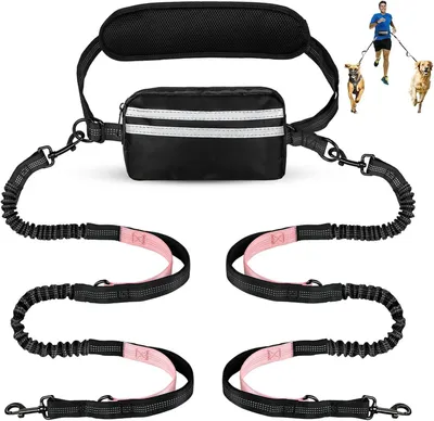 Immagine prodotto di Guinzaglio a mani libere per 2 cani, cintura regolabile con tasca, elastico con cuciture riflettenti