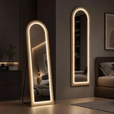 Obrázek produktu pro AIORBER LED zrcadlo na celé tělo, stojací/nástěnné, oblé tvary, dřevěný rám, 3 barvy světla, dotykové ovládání, HD sklo, rozměry 159x49,5 cm, barva: přírodní