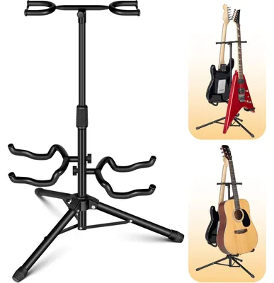 Produktbild von CAHAYA Gitarrenständer Boden für 2 Instrumente mit Halshalterung Verstellbarer klappbarer Universal-Stativ Gitarrenständer für Akustische E-Gitarre