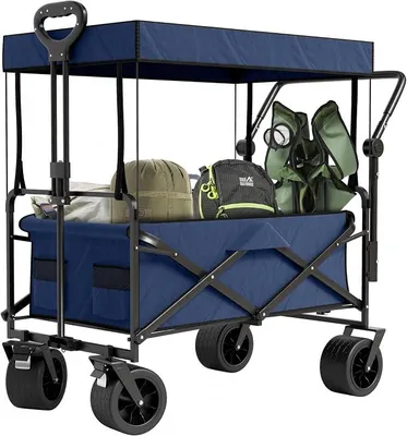 Produktbild von Bollerwagen mit Dach XL - Faltbar - Bis zu 110 kg - 97x60x105 cm - 120L - 360? Räder - Blau