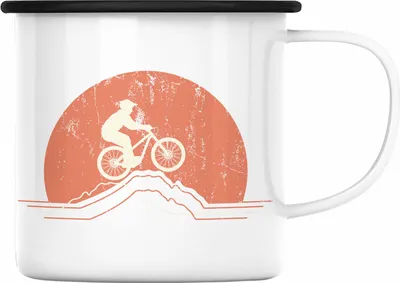 Produktbild von Trendation - Moutainbike Geschenk Emaille Tasse Mountainbiker Geschenkidee Kinder Emaille Emaille Tasse Männer Accessories Grafik MTB Berge (Schwarz)