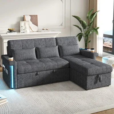 Produktbild von okwish L-förmiges Ecksofa Chaiselongue mit Schlaffunktion und verstellbare Rückenlehne,Klappsofa Chaiselongue mit LED-Beleuchtung und USB-Anschlüssen,Grau