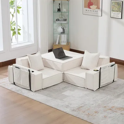 Produktbild von okwish Modulares Sofa Zweisitzer-Sofa Wohnzimmersofa mit zwei Kissen und seitlicher Aufbewahrungstasche Loungesofa Schlafsofa mit Getränkehaltern und Armlehnen Beige