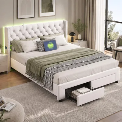Image de Lit tapissier INONEFT 160x200 cm avec 2 tiroirs, lit pour adolescents avec éclairage LED, tête de lit avec 2 poches latérales et fonction de charge USB, en velours, couleur beige, Image générée par une IA