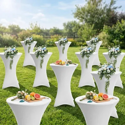 Produktbild von Eikuavons 10er Set Stehtischhusse Stretch Weiß – Elastische Husse für Bistrotisch Ø 70–75 × 110 cm mit 4 Fußlaschen