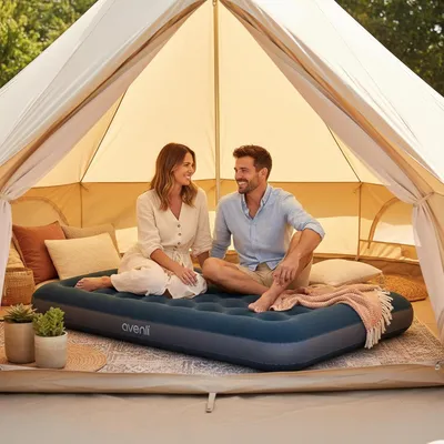 Produktbild von Luftmatratze für Camping mit integrierter Fußpumpe für 2 Personen, 191x137x22cm, aufblasbares Gästebett mit beflockter Oberfläche