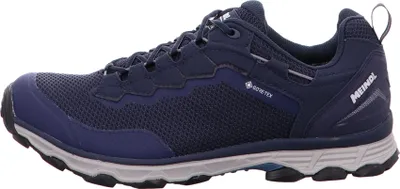 Side view of a blue and gray hiking shoe.