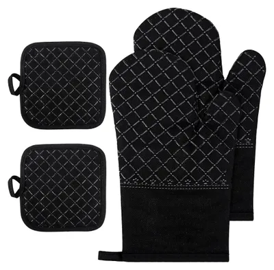 Produktbild von Ofenhandschuhe Set 4-teilig – 2 hitzebeständige Küchenhandschuhe und 2 rutschfeste Topflappen zum Kochen und Backen