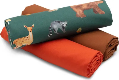 Zdjęcie produktu dla Tkanina bawełniana: 1 wzór + 2 jednolite kolory, po 0,5 m każda – zestaw do szycia DIY „Zwierzęta leśne”, zestaw 54