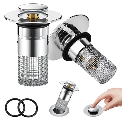 Produktbild von Set mit 2 Spülbeckenstöpseln, 34-40 mm Abfluss, Pop-up-Abflussstöpsel mit Sieb, Edelstahl-Spülbeckenstöpsel mit Haarsieb, universeller Exzenterstöpsel, Abflusssieb für Spülbecken