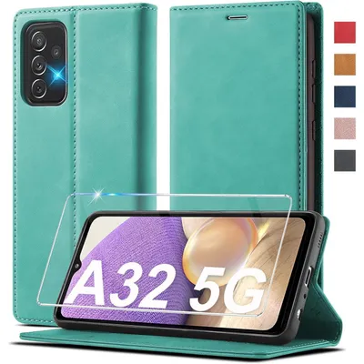 Productafbeelding van Ailicici telefoonhoesje voor Samsung Galaxy A32 5G, lederen flip case, opklapbaar, 360 graden bescherming, schokbestendig, met beschermfolie - groen