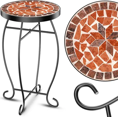 A mosaic-topped side table with a black metal frame, shown from the side and with a close-up of the mosaic pattern.