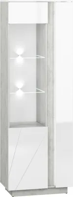A tall, narrow cabinet with glass shelves and a patterned door.