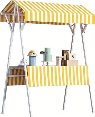 Productafbeelding van Opklapbare marktkraam met luifel, metalen verkoopstand, food cart, geel. Mobiele kraam op wielen met kiosk, geschikt voor boerenmarkten, straatmarkten, festivals en evenementen. Ook geschikt als bloemenkraam. Breedte: 110 cm