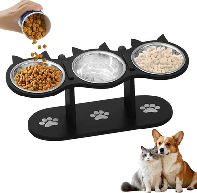 Image de Ecuelle pour chat surélevée Ecuelle pour chat Ecuelle pour chat en bois Ecuelle pour chat surélevée Station d'alimentation pour chats Ecuelle pour chat avec 3 bols en acier inoxydable