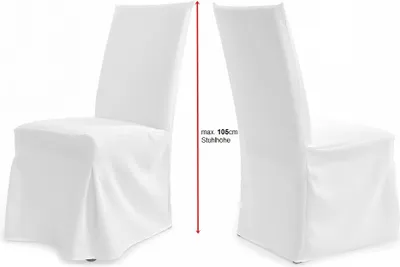 Two white chair covers are shown from different angles against a white background. A red line indicates a maximum chair height.