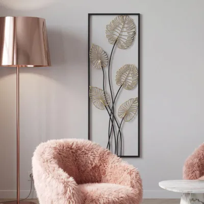 Immagine prodotto di Pannello decorativo Luxy in ferro con motivo a foglie, dimensioni 31x2,5x90 cm, colore nero e oro, design di Mauro Ferretti