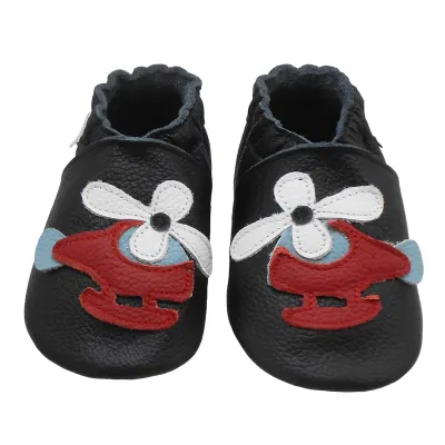 Produktbild von BEMUSE® Baby Krabbelschuhe aus Echtleder, weiche Lauflernschuhe für Mädchen&Jungen, rutschfeste Ledersohle, Schwarz, Flugzeug, Größe L (12–18 Monate)