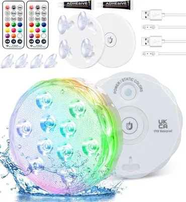 Productafbeelding van Onderwaterverlichting voor zwembaden - Waterdicht met afstandsbediening - Werkt onder water op batterijen - LED-lampen met kleurverandering - Magnetische zwembadverlichting voor waterpartijen - Set van 2