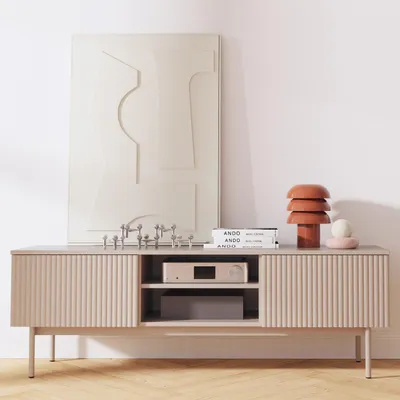 Produktbild von BEAUTYSOFA | TV-Schrank SOFT 150 cm Kaschmir, Fernseherschrank mit 2 Türen, offene Ablage und geriffelten Fronten, Push-to-Open-System
