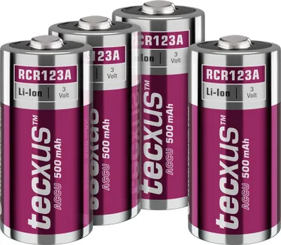 Zdjęcie produktu dla 120x Akumulator RCR123 Tecxus 70763 - 500 mAh, 4 szt. w opakowaniu, różowo-srebrny - Akumulator litowo-jonowy (Li-Ion), 3,2 V