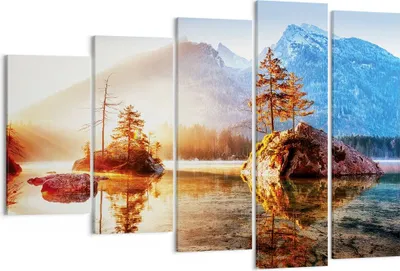 Produktbild von Bild auf Leinwand - Leinwandbild - 5 Teile - Morgendämmerung Berge See - 150x100cm - Wand Bild - Wanddeko - Wandbilder - Leinwanddruck - Bilder - Wanddekoration - Leinwand bilder - EG150x100-4617