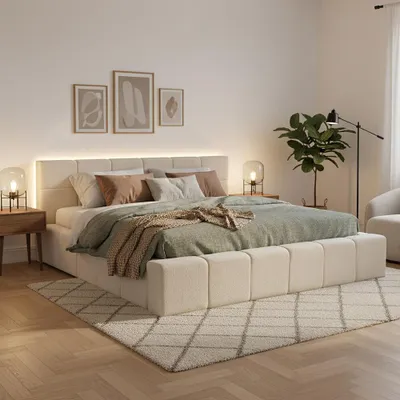 Produktbild von HOME DELUXE LED Bett aus Teddy-Stoff inkl. Stauraum – Beige, 180 x 200 cm inkl. Matratze | Polsterbett mit Beleuchtung & Matratze für modernen Schlafkomfort
