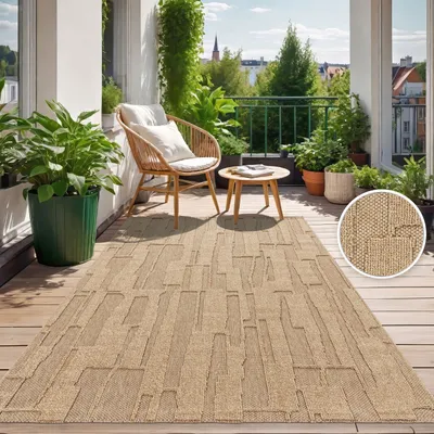 Produktbild von TT Home In-& Outdoor Teppich Wetterfest Balkon Küche Wohnzimmerteppich Boho Hoch-Tief-Effekt Abstraktes Motiv Moderner Style Größe 80x150 cm