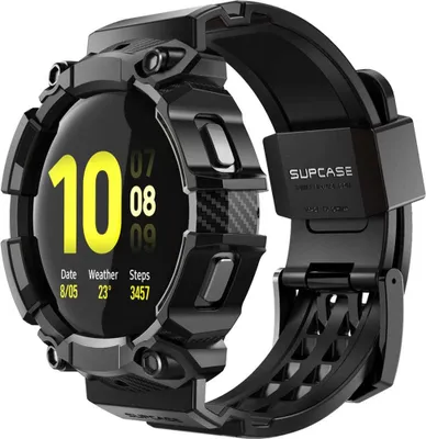 A black protective case for a smartwatch, shown from the front-left.