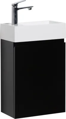 A product shot of a black and white bathroom vanity with a chrome faucet.